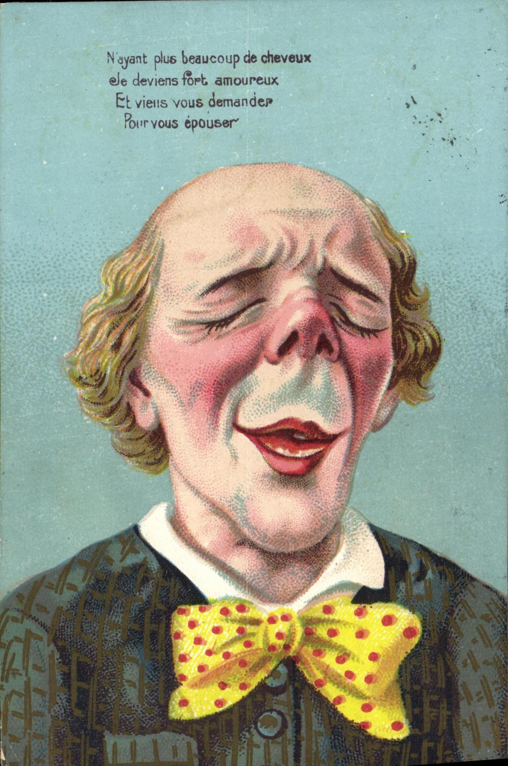 Homme chauve avec nœud papillon — caricature amoureuse — texte imprimé