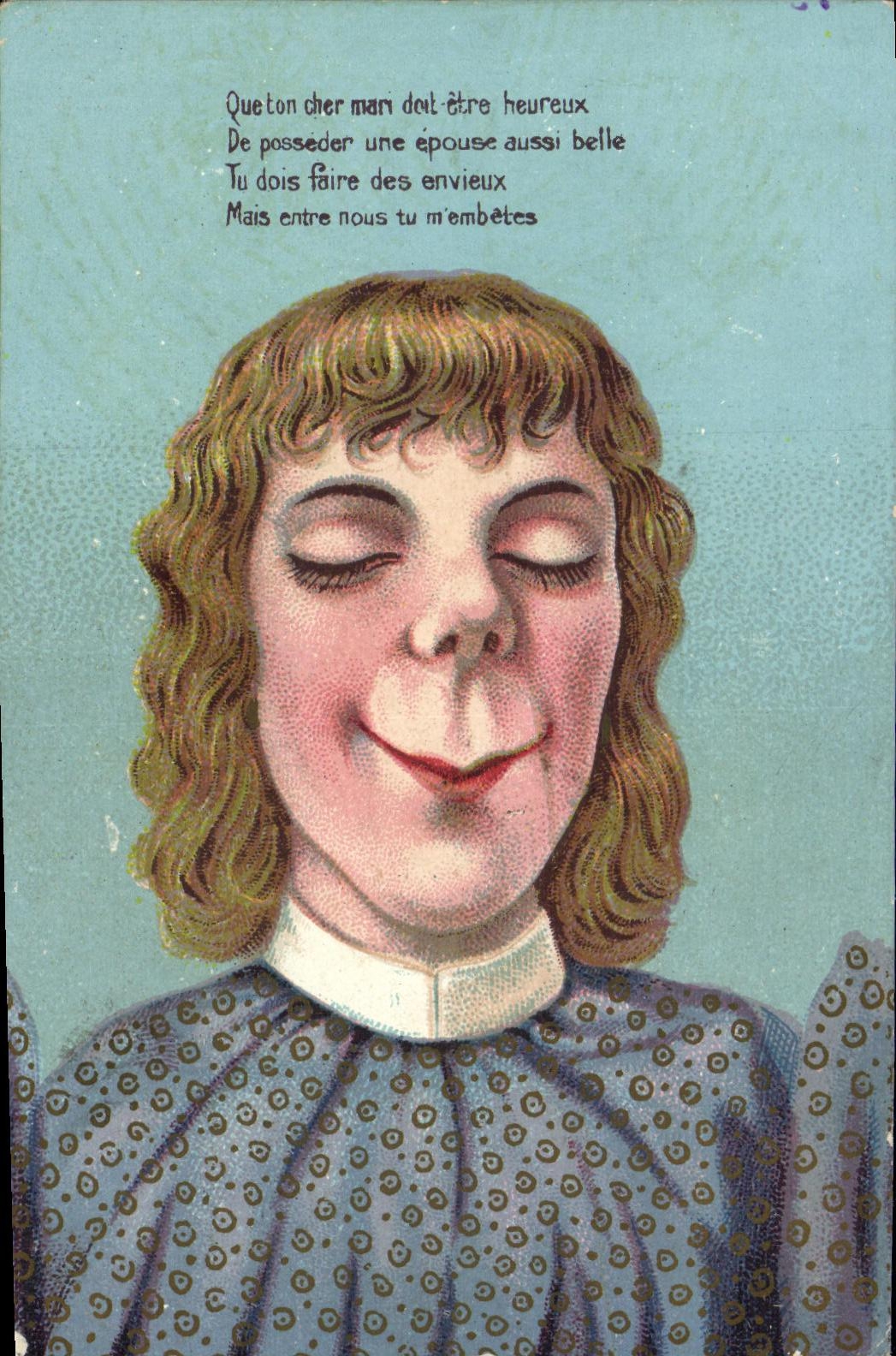 Jeune femme souriante — texte humoristique sur l'épouse — éditeur inconnu