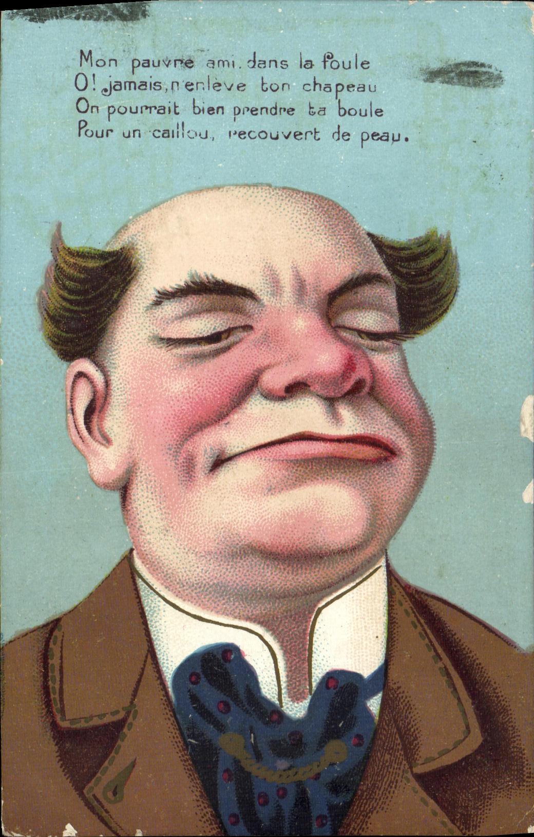 Caricature d'un homme — texte humoristique — éditeur non visible