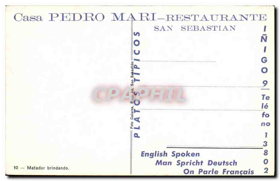 Matador brindando — San Sebastián — Casa PEDRO MARI-RESTAURANTE — Verso