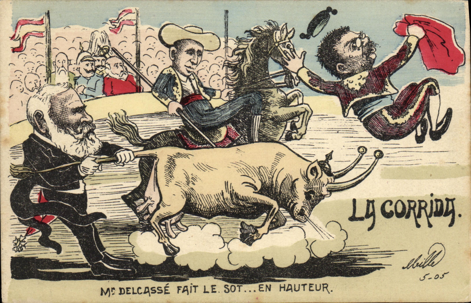 CPA Loubet President de la Republique La Corrida Mr Delcasse fait le sot en hauteur Taureau