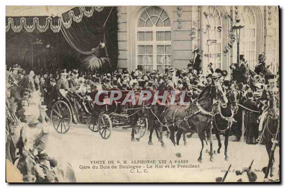 Visite de S.M. Alphonse XIII à Paris — Gare du Bois de Boulogne — Le Roi et le Président — Héno & Cie, Paris
