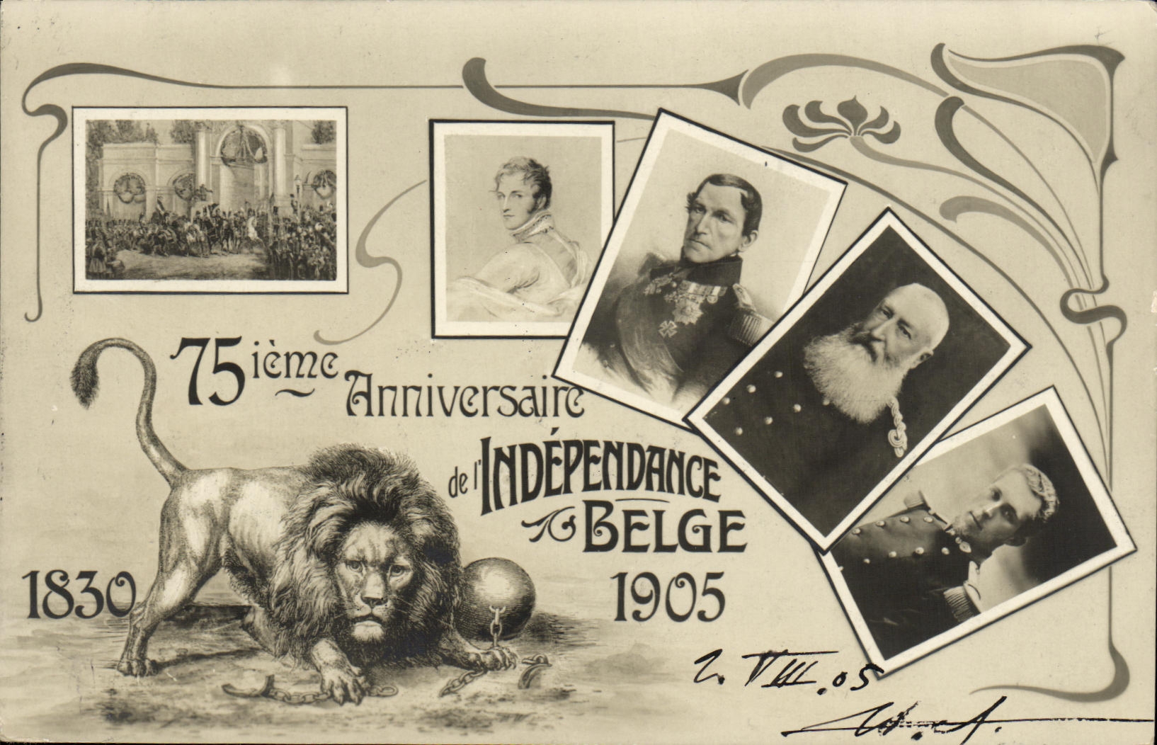 CPA 75eme anniversaire de l independance belge 1830 1905 Rois Lion