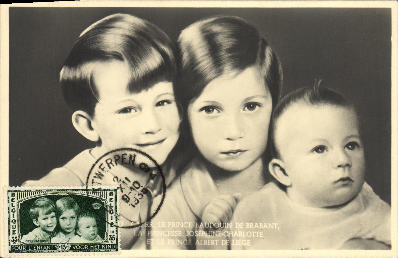 Trois enfants — Le Prince Baudouin de Brabant, la Princesse Joséphine-Charlotte et le Prince Albert de Liège — Édition Stevens, Bruxelles