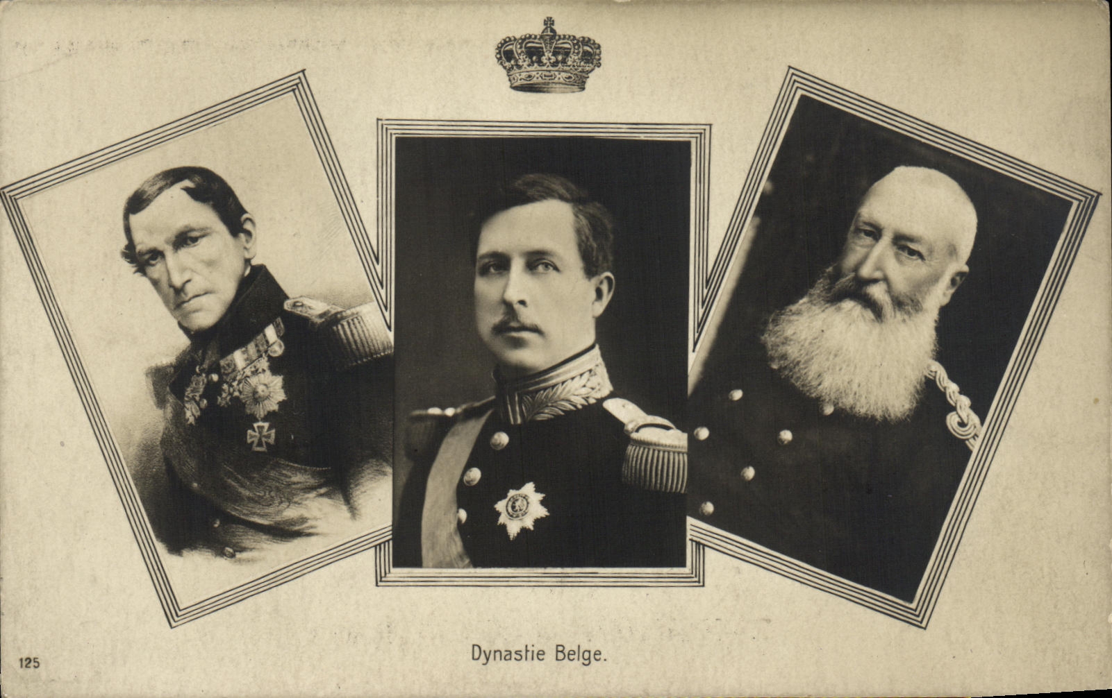 Dynastie Belge — trois portraits d'hommes en uniforme — éditeur H. M. Dobrecourt, Bruxelles, n° 125