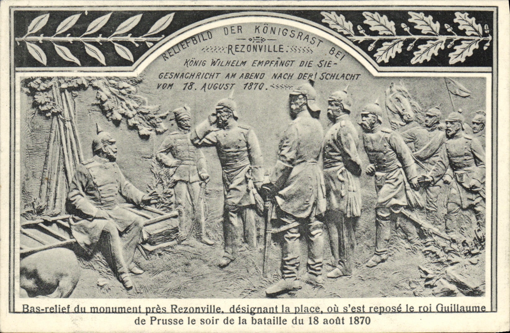 Rezonville — Bas-relief du monument où le roi Guillaume de Prusse s'est reposé après la bataille du 18 août 1870 — éditeur W. Grumer, Gravolite