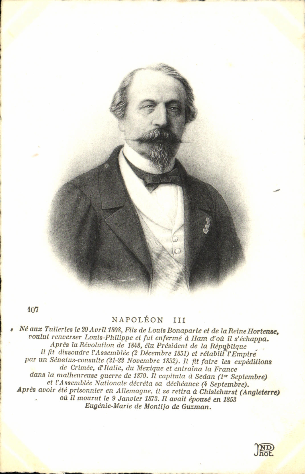 Napoléon III — portrait gravé avec texte biographique — JND hot. n°107