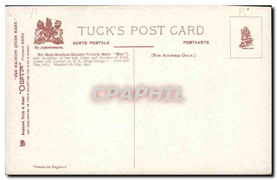 Queen Mary — Portrait — Tuck's Post Card n° 8890 — Verso