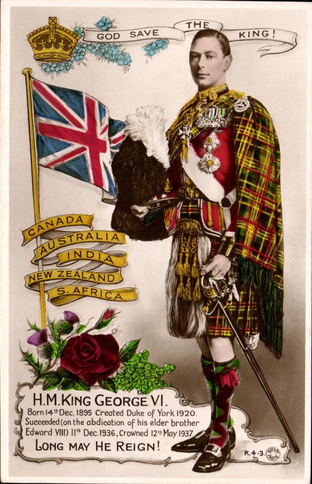 H.M. King George VI — portrait en tenue de kilt — Rotary Photo, n° K.4-3