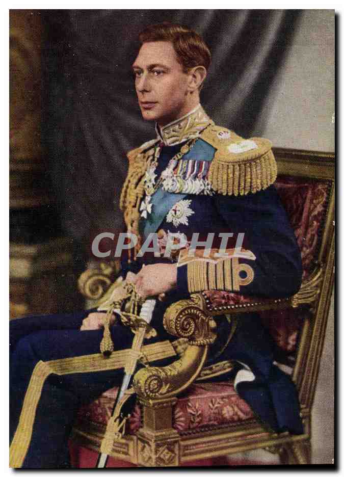 Roi George VI — en uniforme militaire orné — photographie colorisée par Peter North, publiée par Finlay Colour (London) Ltd. - Anverso