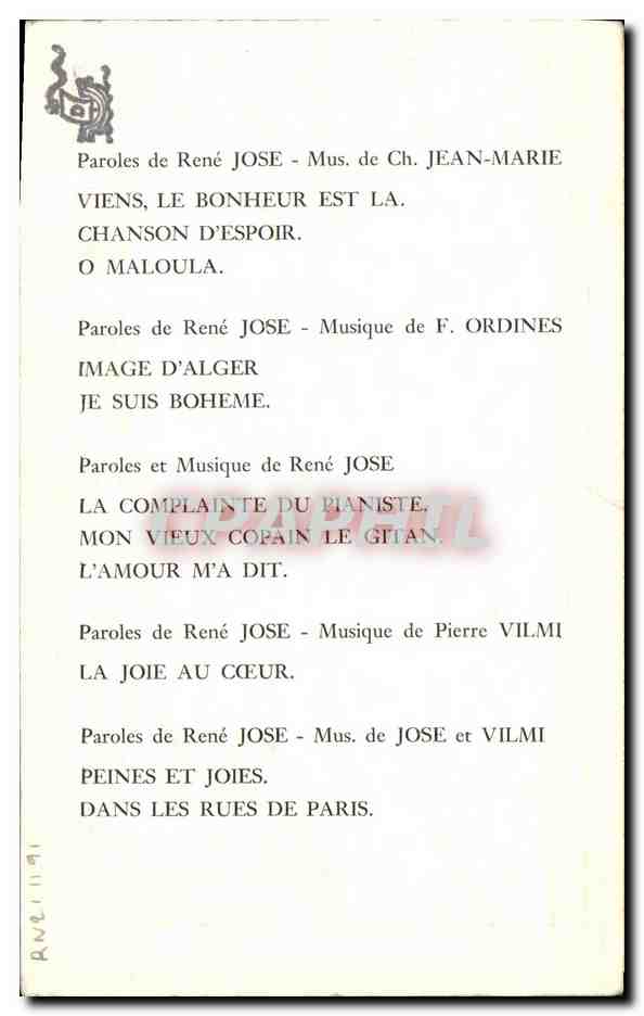 CPM Chanson Rene Jose Jean Marie Viens le bonheur est la — Rückseite