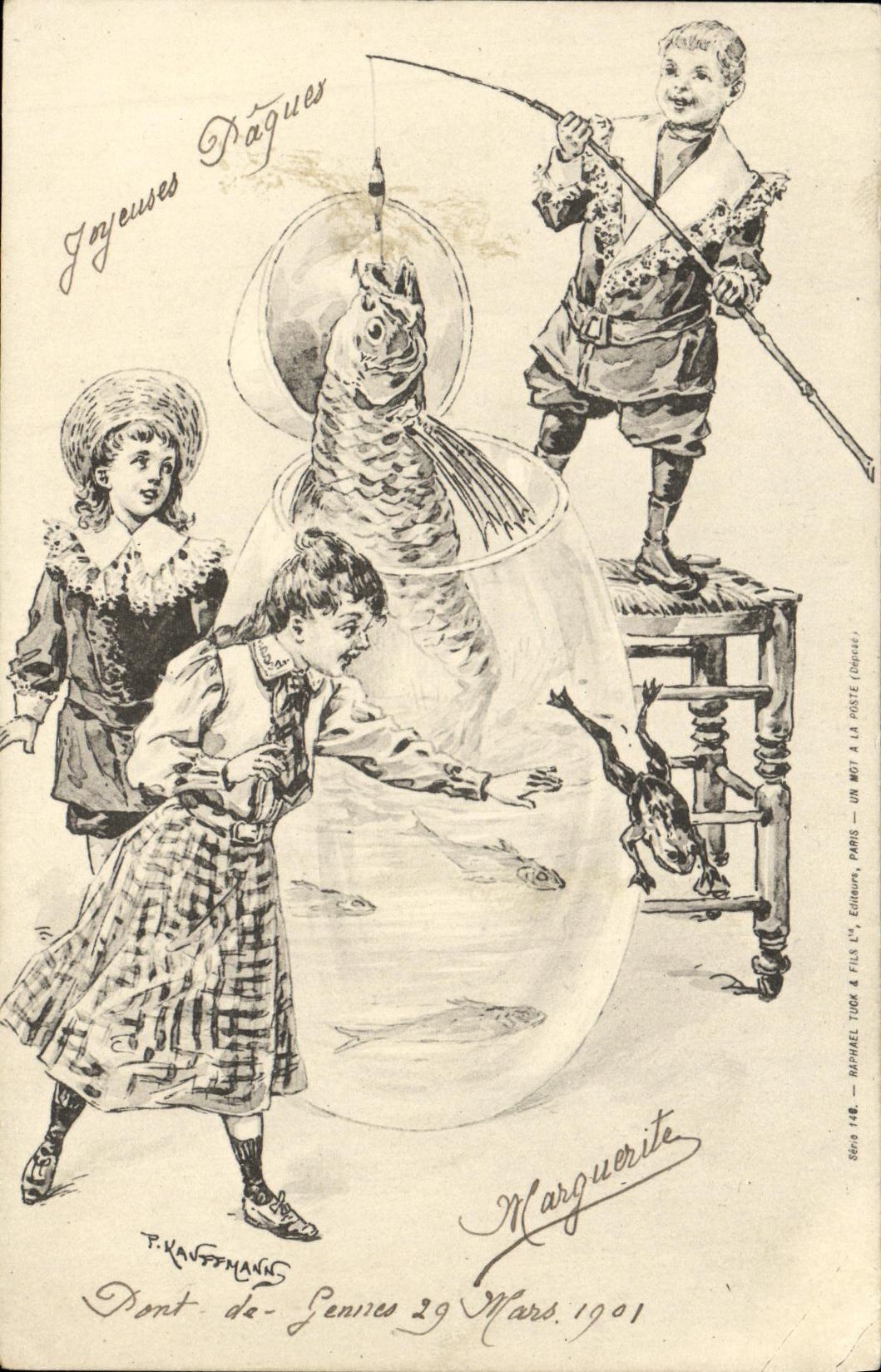 CPA Fantaisie Enfants Paques Poisson Grenouille