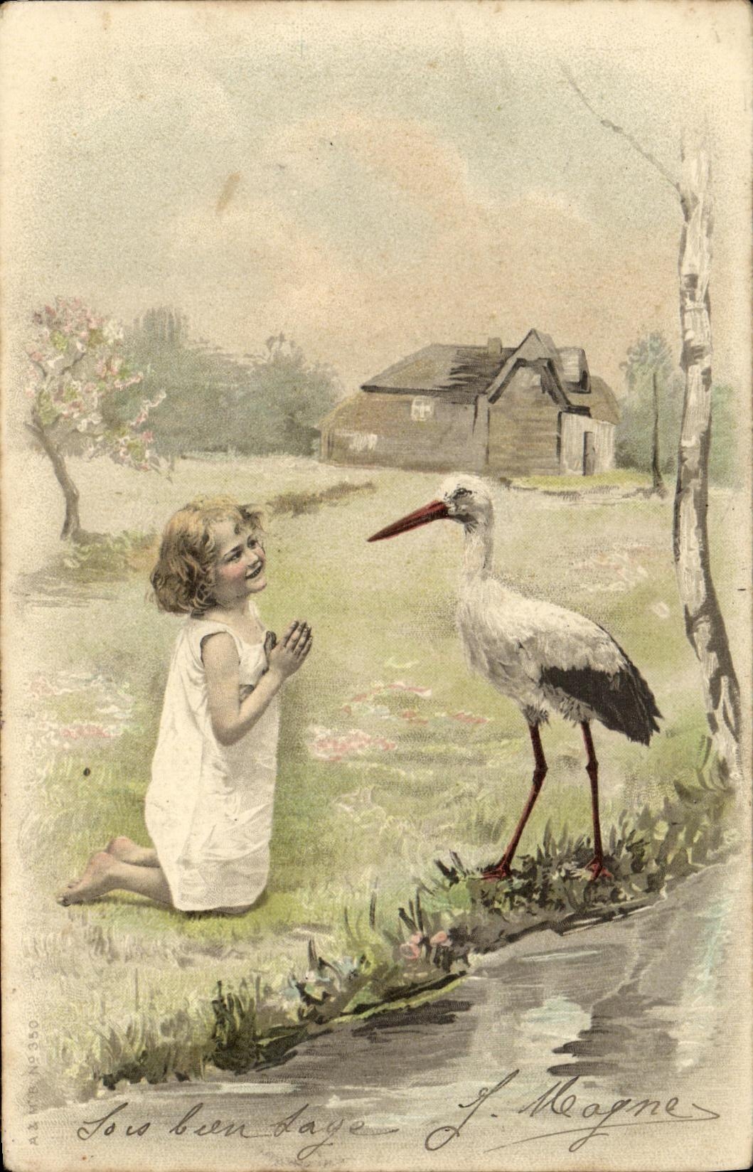 CPA Fantaisie Enfant et cigogne