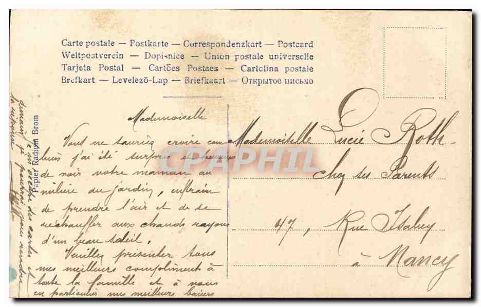 Junge Frau mit Mandoline — Garten-Szene — Mignon, Nr. 936-3 — Rückseite