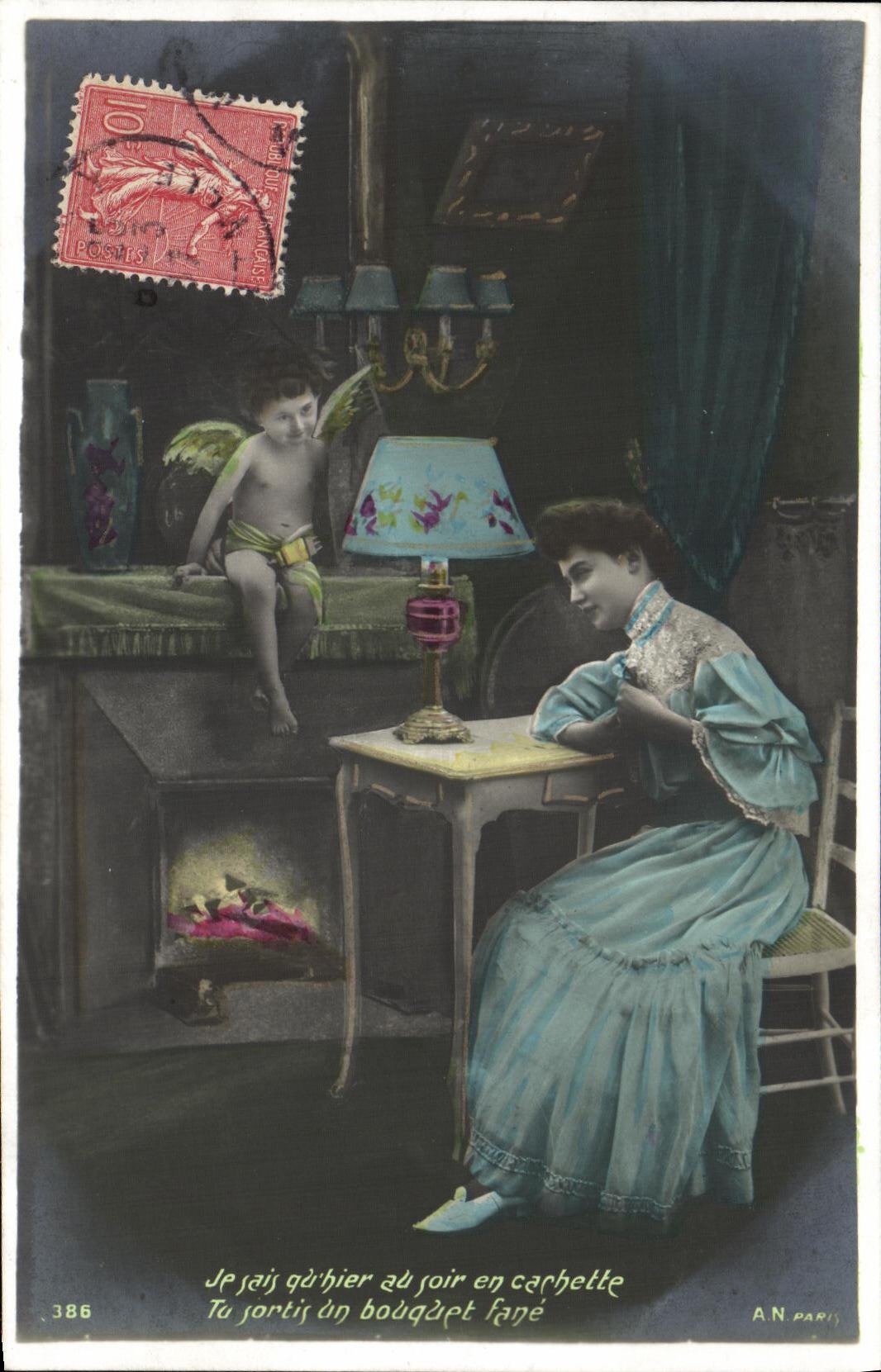 Cupidon et femme en robe bleue — scène intime — A.N. Paris, n°386