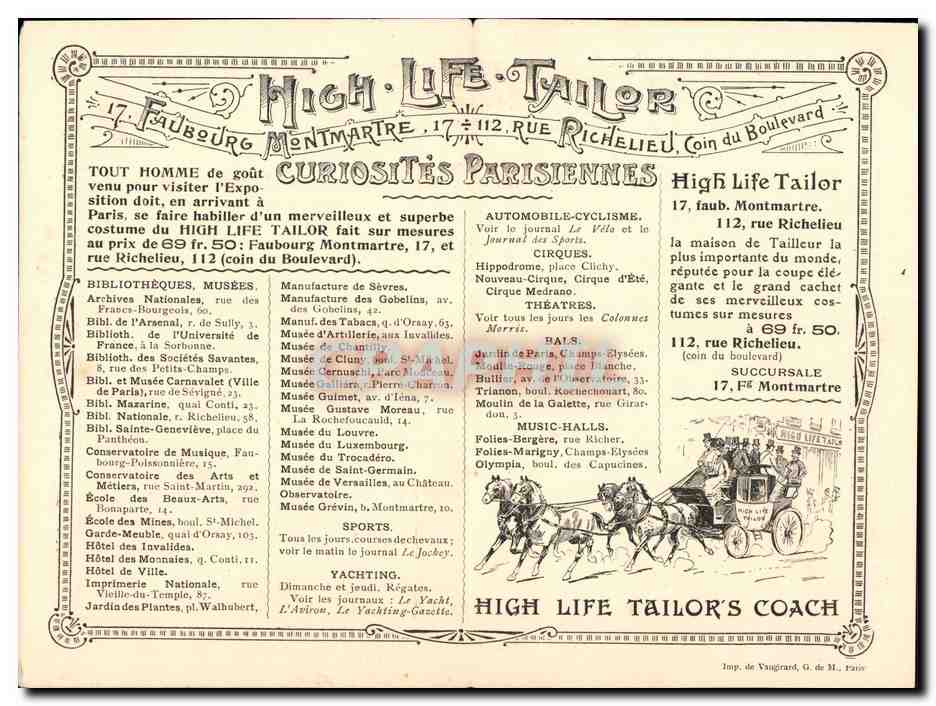 Carte depliante Exposition universelle Pavillon de l Asie russe et de la Siberie Paris 1900 Publicite High Life Taylor  — Rückseite