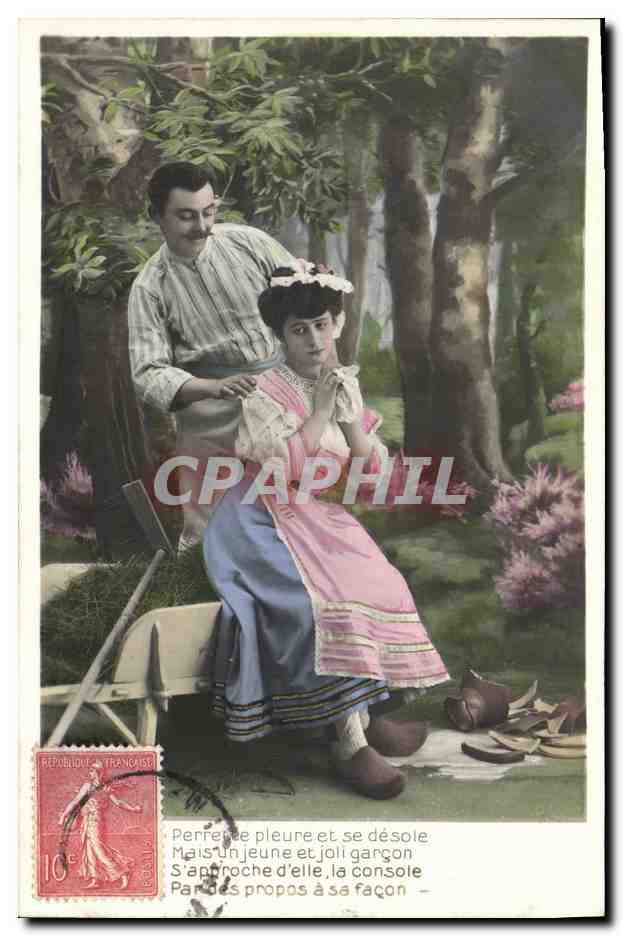 Jeune femme pleurant consolée par un jeune garçon — scène forestière — éditeur non visible