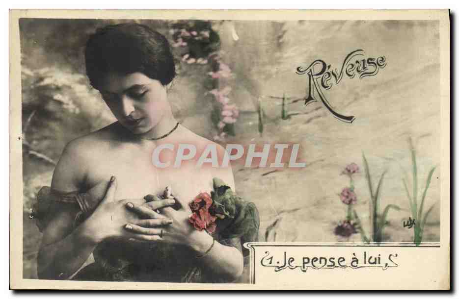Femme nue tenant une rose — 'Je pense à lui' — Revêuse