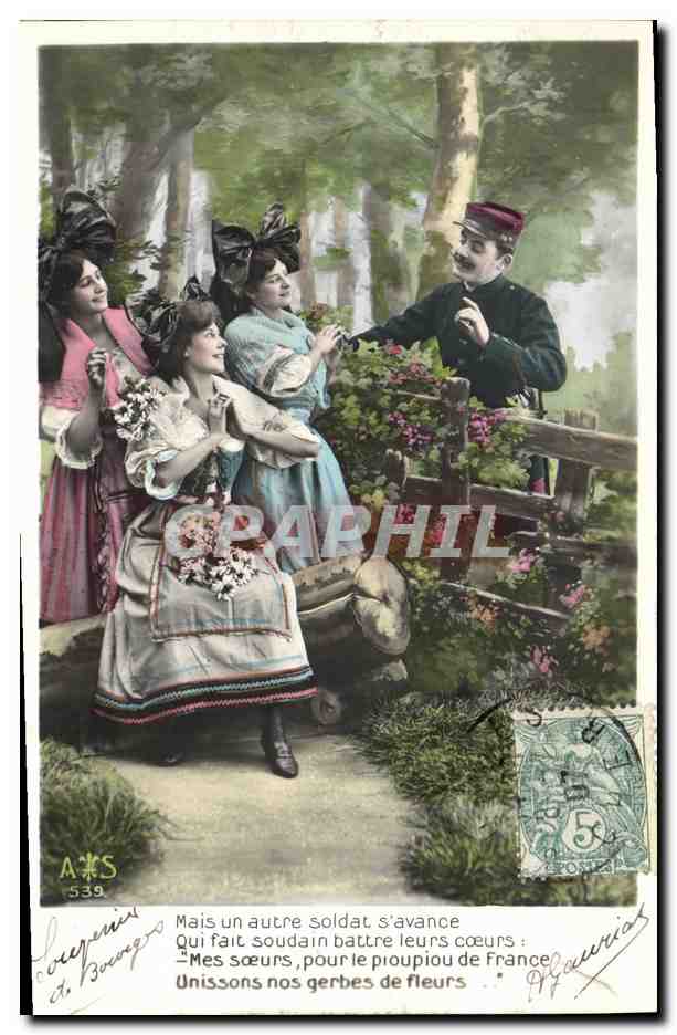 Soldat s'avance — jeunes femmes en robe colorée — A. S. 539