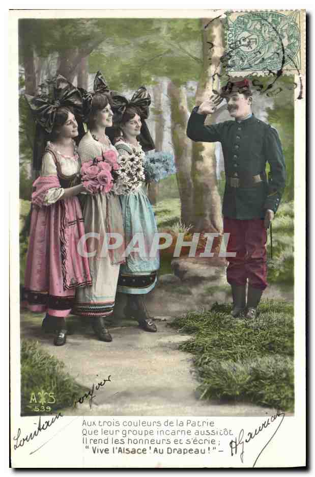 Trois jeunes femmes en costume alsacien — soldat saluant — éditeur A. S. 539