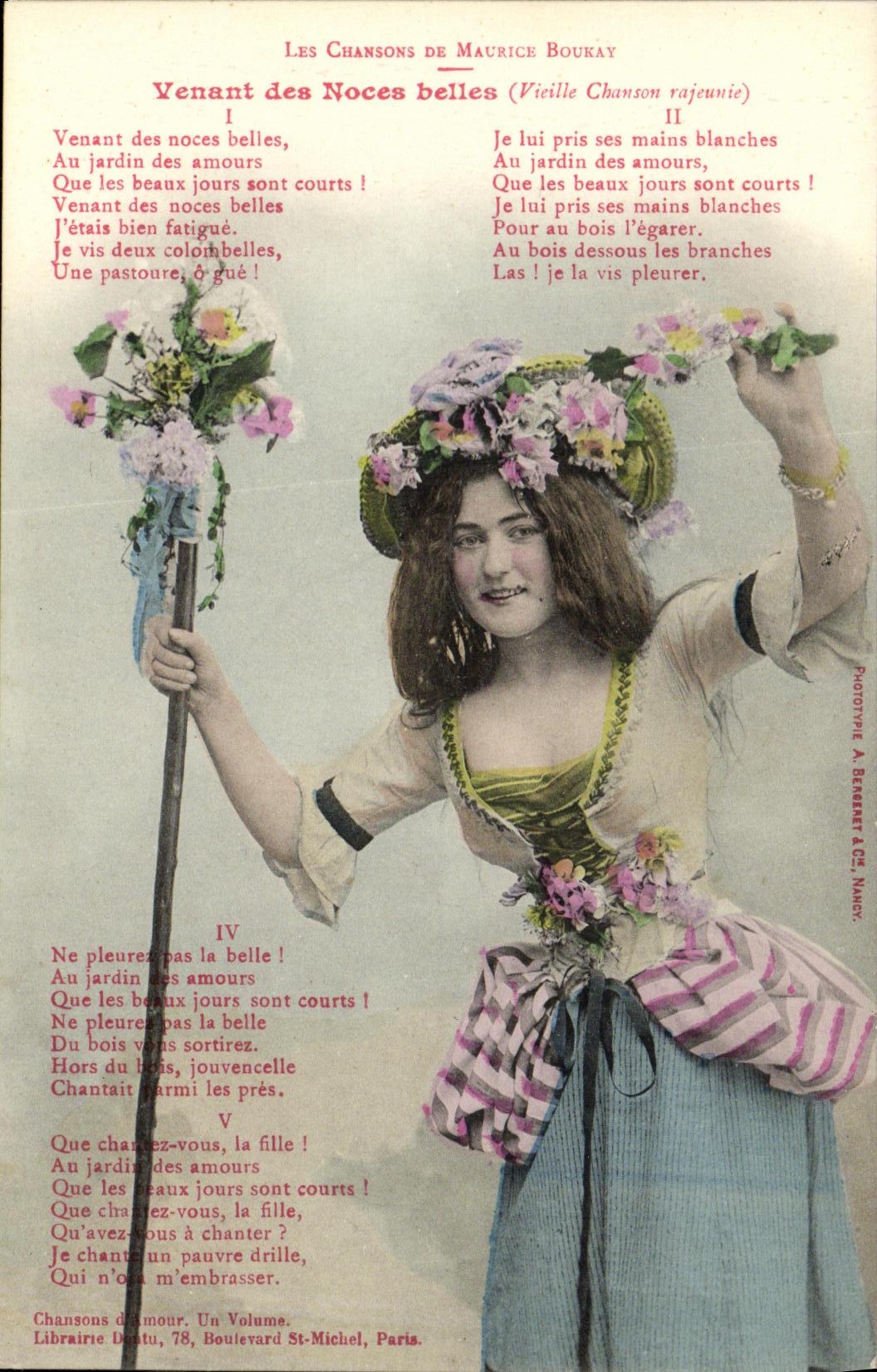 Giovane donna in costume folkloristico — canzone di Maurice Boukay — Fototipia A. Berenger & Cie, Nancy