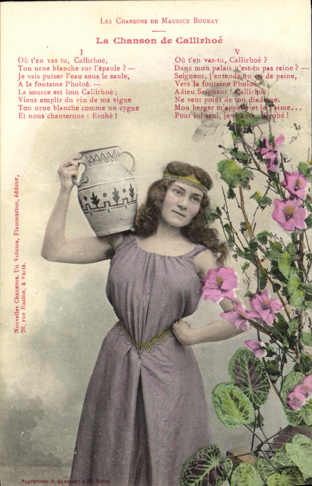 Donna in abito viola che tiene un vaso — Canzone di Callirhoé — Flammarion, editore