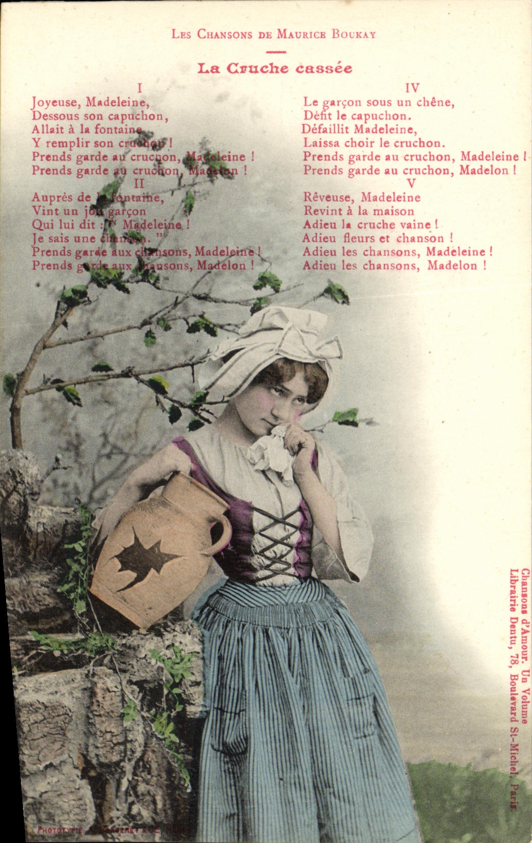 Femme en costume traditionnel tenant un cruchon — Les Chansons de Maurice Boukay — Librairie Denu, 78, Boulevard St-Michel, Paris