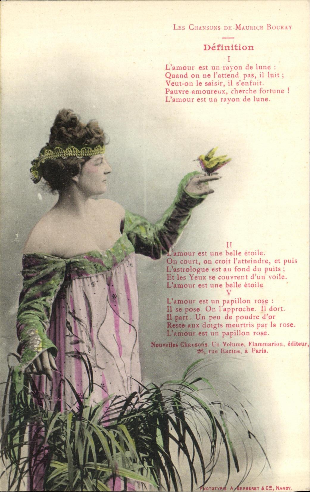 Femme en robe rose et verte — poème 'Définition' de Maurice Boukay — Flammarion, éditeur, Paris
