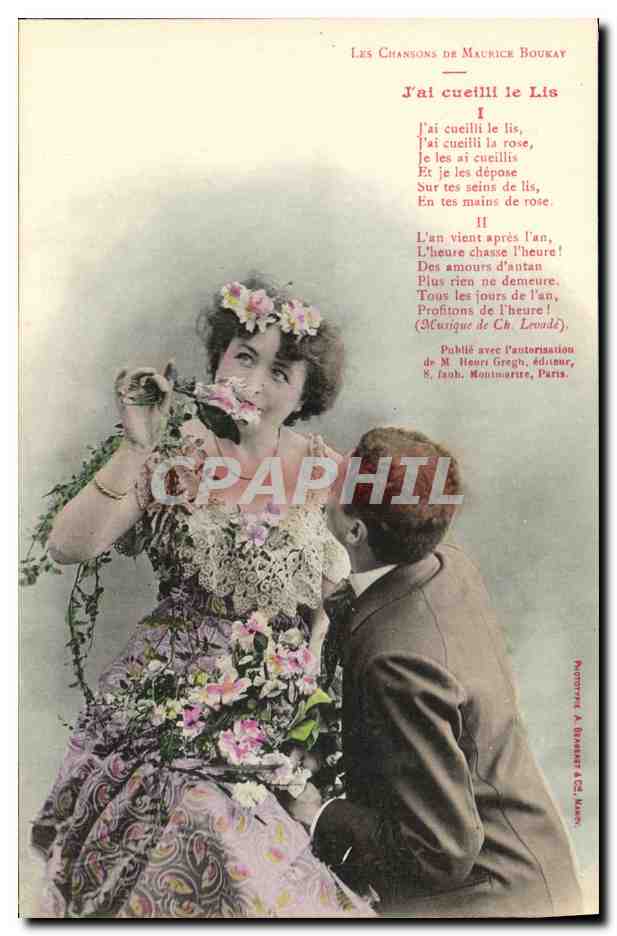 CPA Fantaisie Femme Les chansons de Maurice Boukat J ai cueilli le lis 