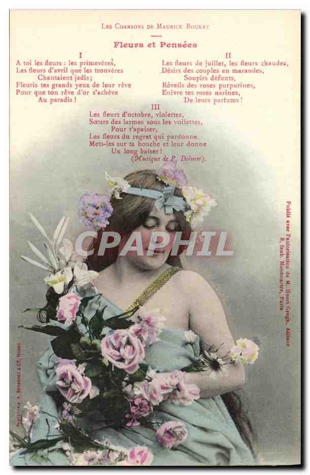 CPA Fantaisie Femme Les chansons de Maurice Boukat Fleurs et pensees