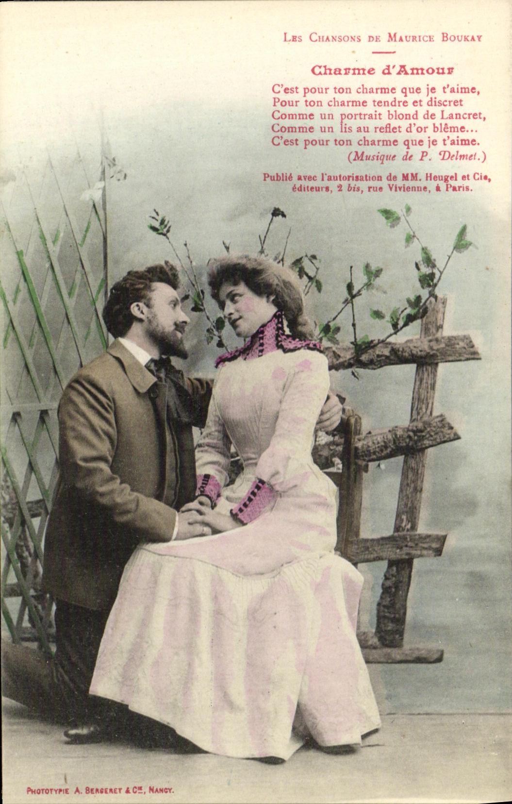 Un couple en extérieur — Les Chansons de Maurice Boukay — Phototypie A. Bergeret & Cie, Nangy
