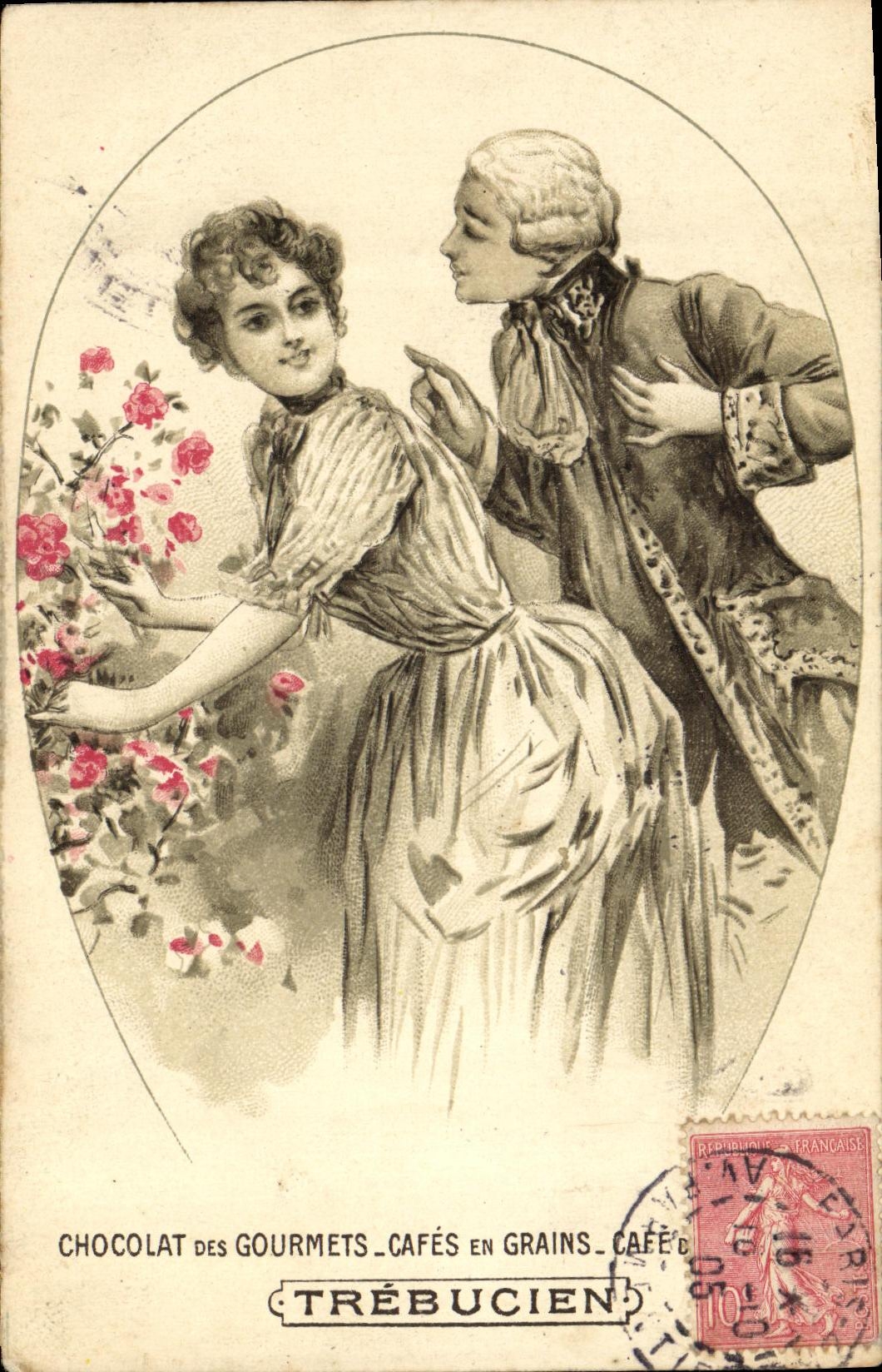 Deux personnages en jardin — publicité pour le chocolat et café Trébucien — éditeur Trébucien