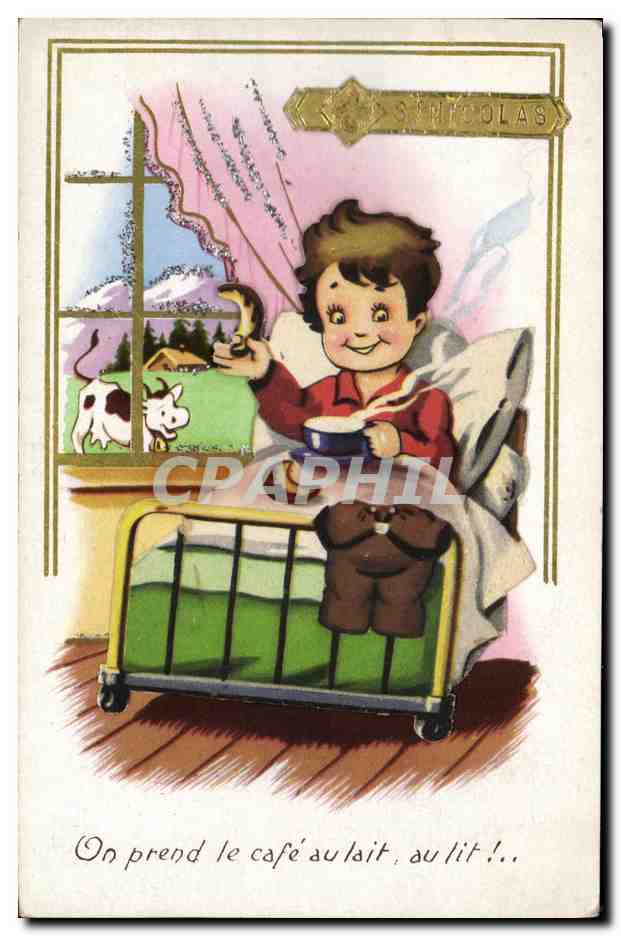 CPA Fantaisie Enfant dans son lit Vache
