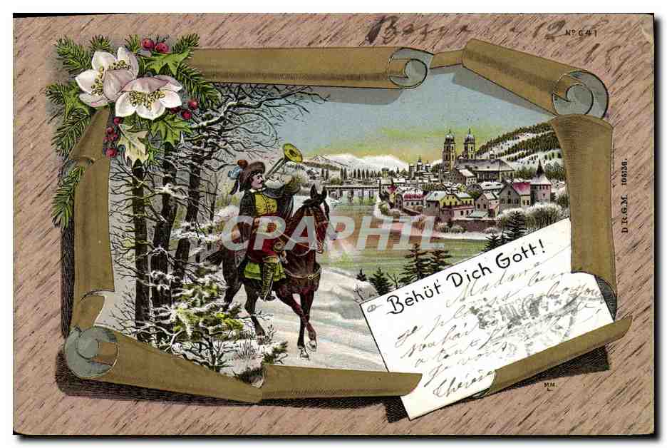 CPA Suisse Behut dich Gott carte 1899 cavalier dans la neige