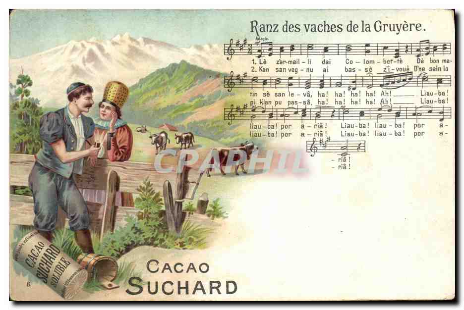 CPA Fantaisie Femme Cacao Suchard Ranz des vaches de la Gruyere
