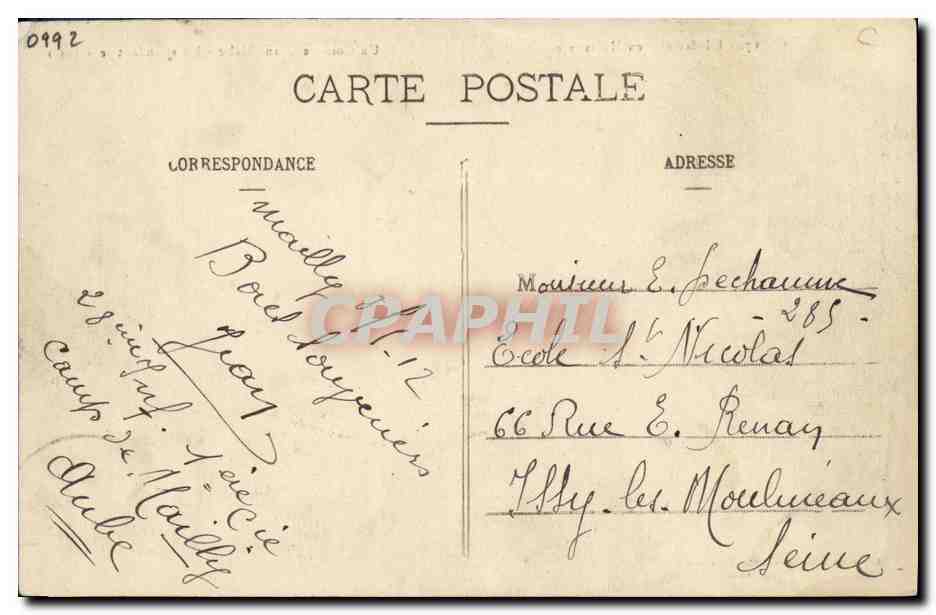Infanterie en Manœuvres — Un Coin de Grand’Halte — En attendant le « Jus » — Librairie Militaire Grégoire, Paris — Verso