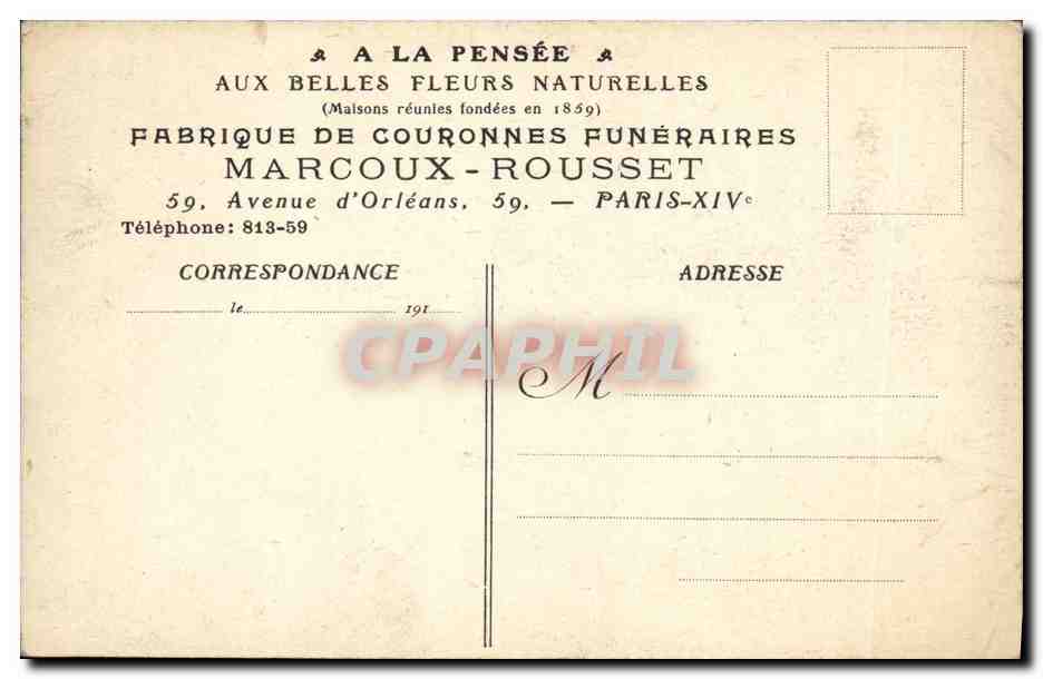 CPA Fantaisie A la pensee aux belles fleurs naturelles Fabrique de couronnes funeraires Marcoux Rousset Avenue d Orleans — Rückseite