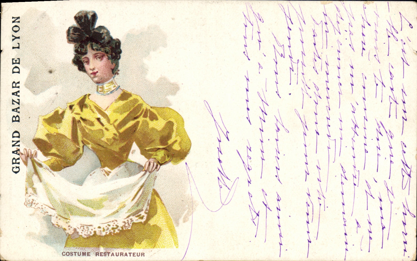 Antike Ansichtskarte Fantasie Frau Kleidung Restaurateur Grand Bazar von Lyon