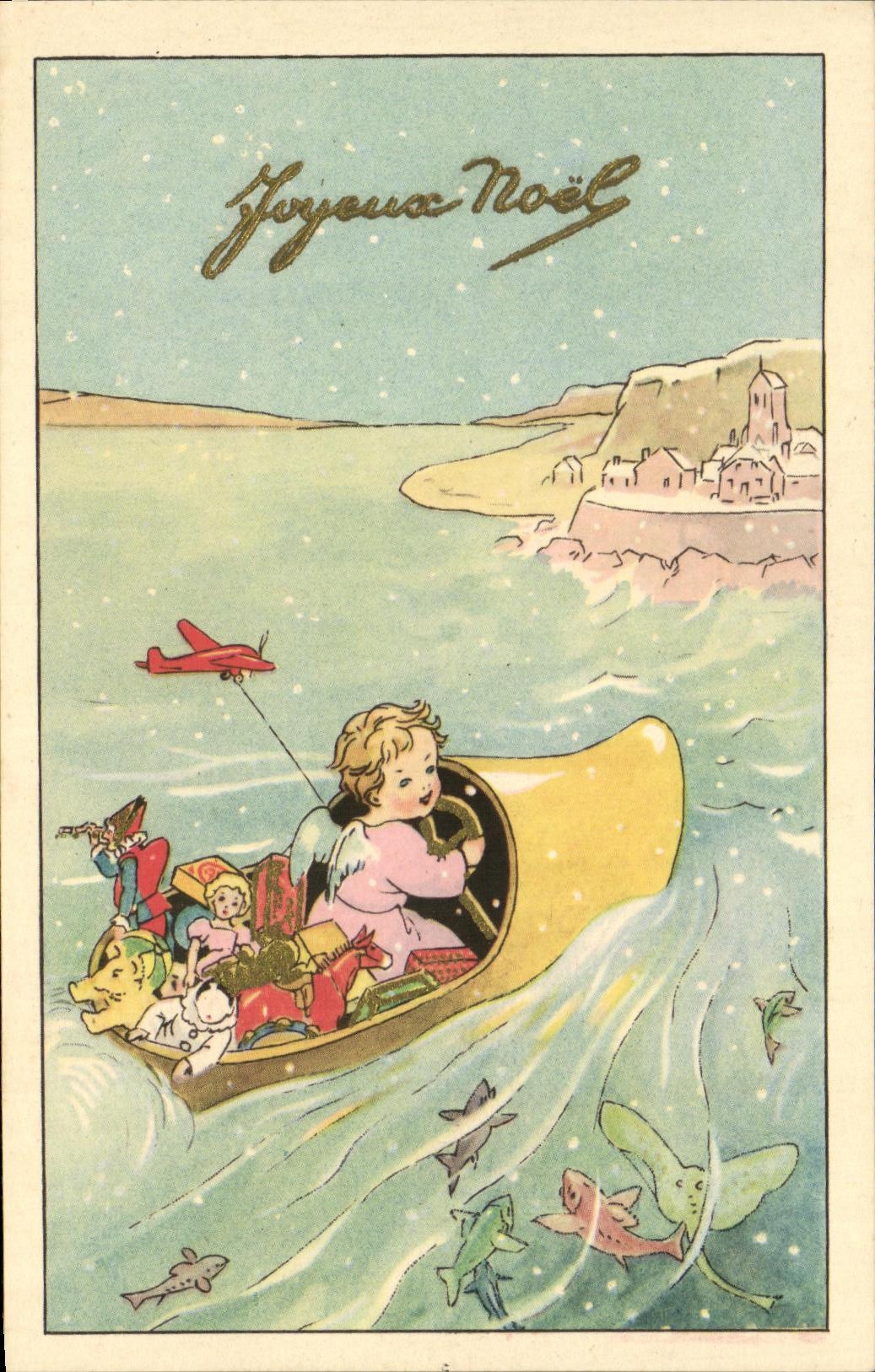 CPA Fantaisie Joyeux Noel Enfants Bateau Pere Noel Ange