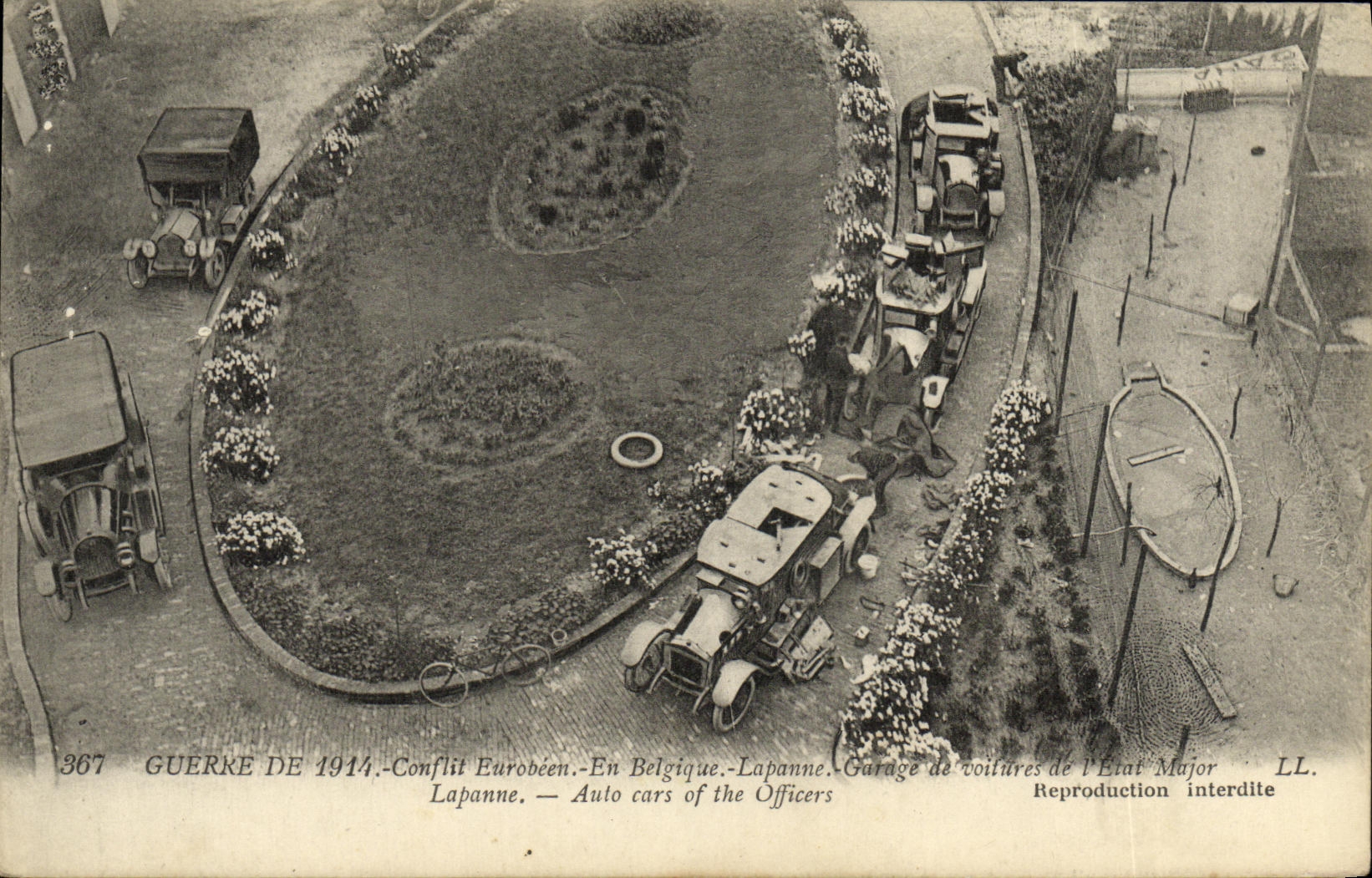 Guerra de 1914 - Conflicto Europeo - En Bélgica - Lapanne - Auto cars of the Officers - Garage de automóviles del Estado Mayor