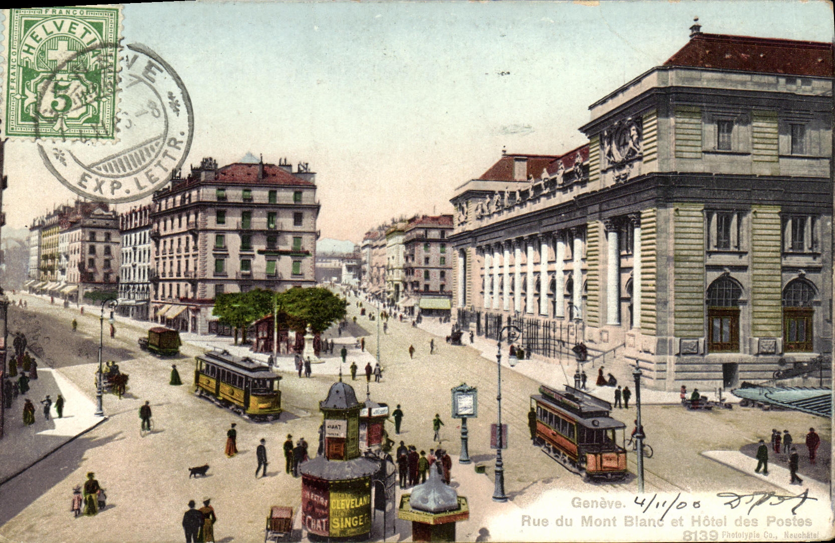 CPA Geneve Rue du Mont Blanc et Hotel des Postes Tramways