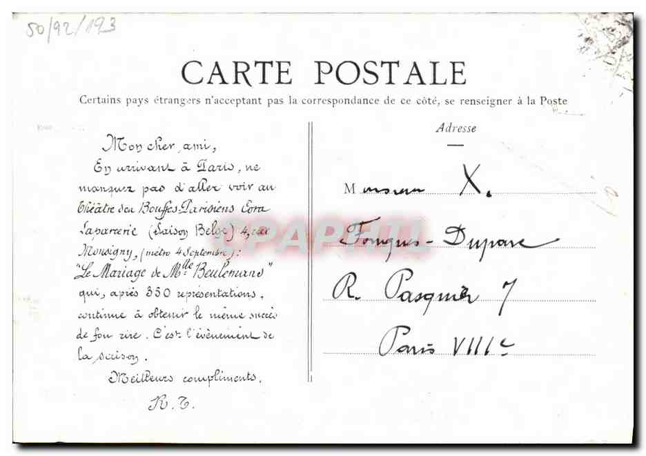 CPA Bouffes parisiennes Le mariage de Mlle Beulemans  — Verso