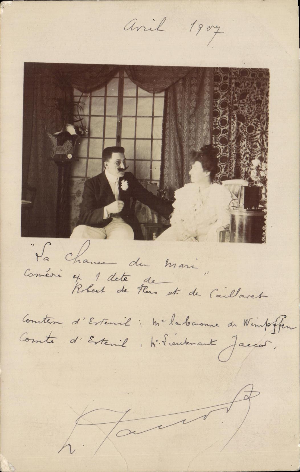 CARTE PHOTO Theatre La chance du mari Avril 1907