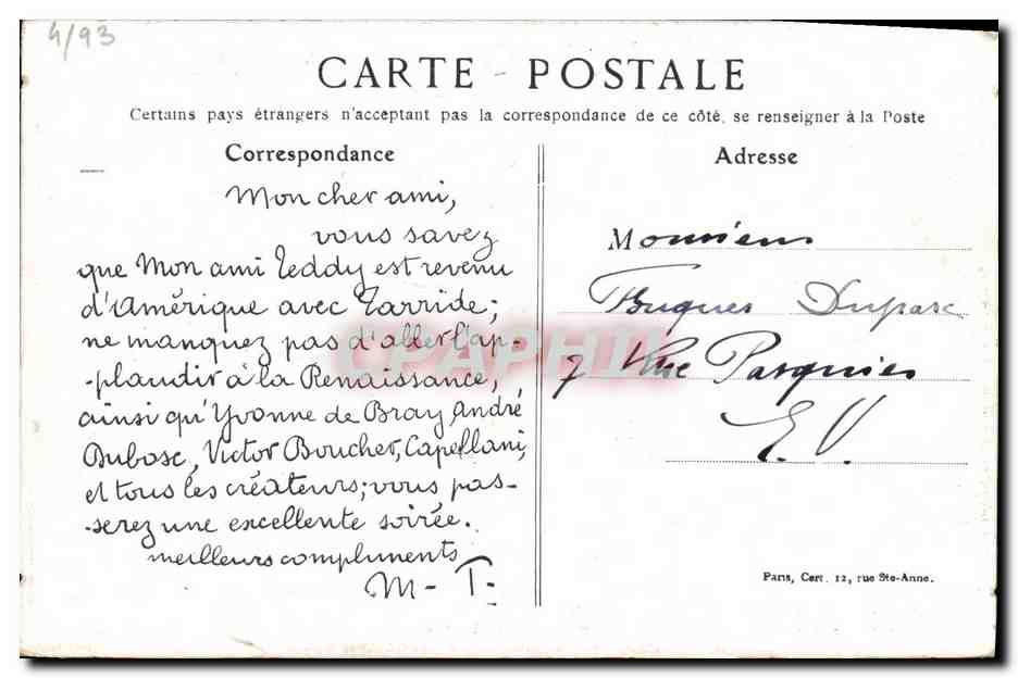 CPA Theatre de la Renaissance Mon ami Teddy  — Verso