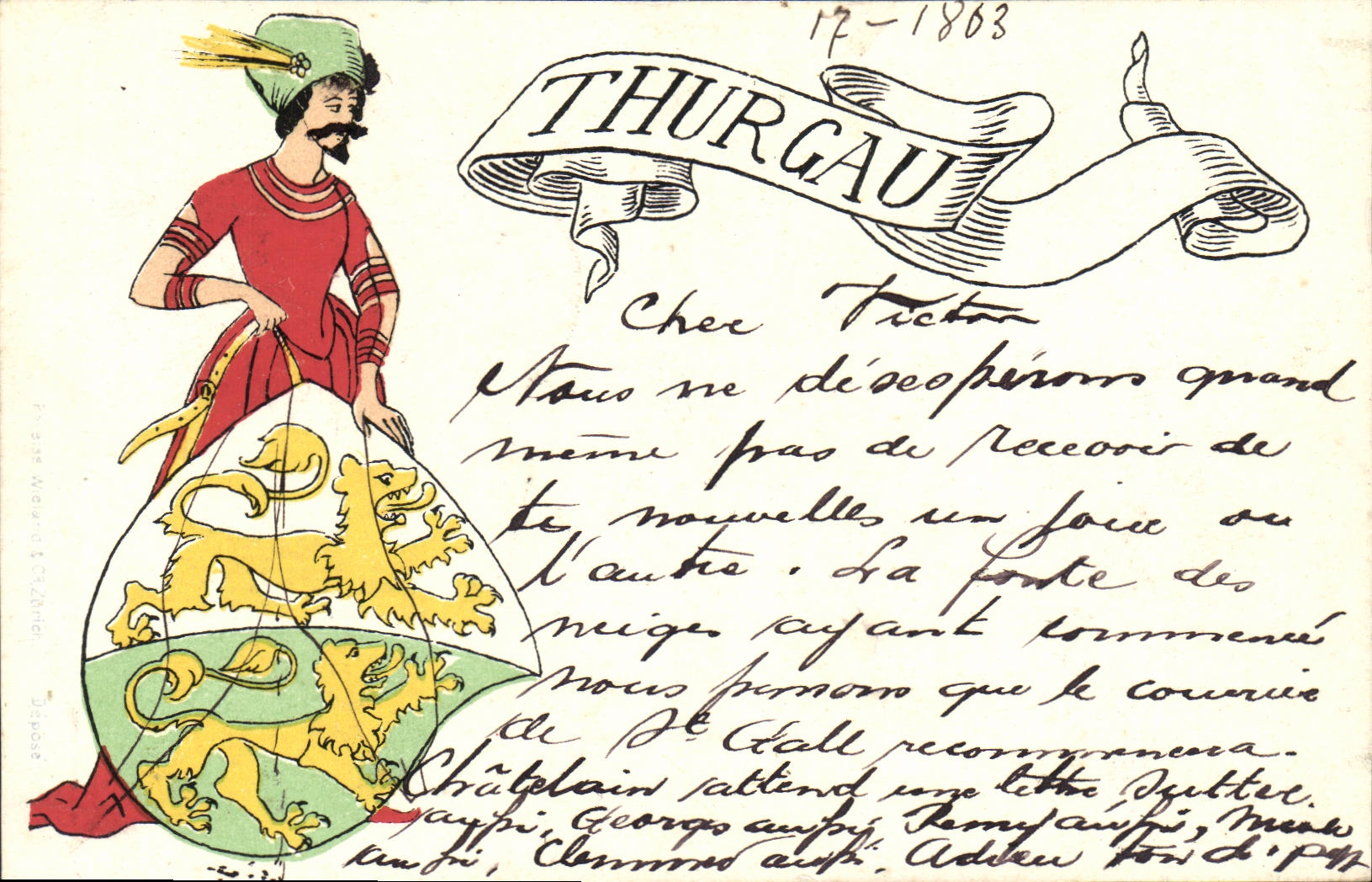 Thurgau — illustration d'un homme en costume traditionnel avec blason — éditeur : F. B. Meyer & Cie, n° 2056
