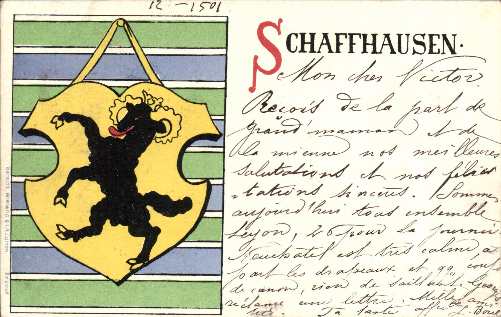Schaffhausen — blason avec taureau noir — éditeur Breits & Cie, n° 12-1501