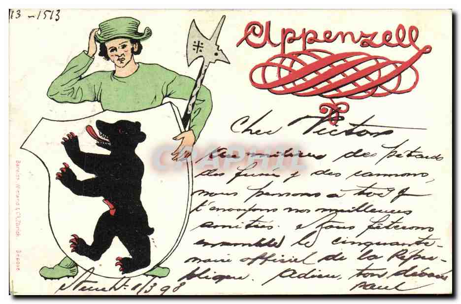 Appenzell — représentation du blason avec un berger et un ours — éditeur B. W. & C. B. B. (n° 1573)