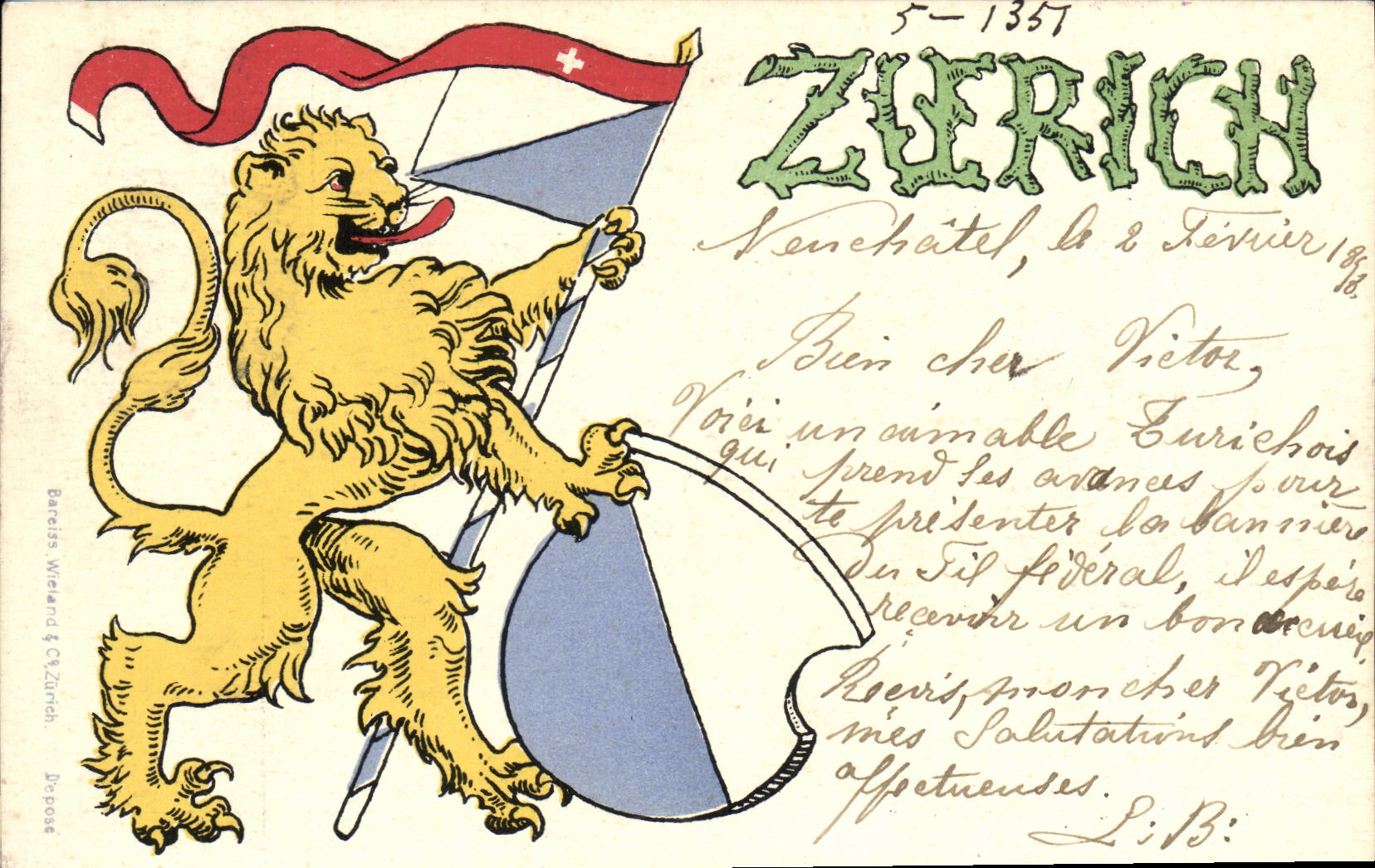 Zurich — Lion suisse tenant le drapeau — éditeur Barcias Wieland & Cie, Zurich, n° 1357