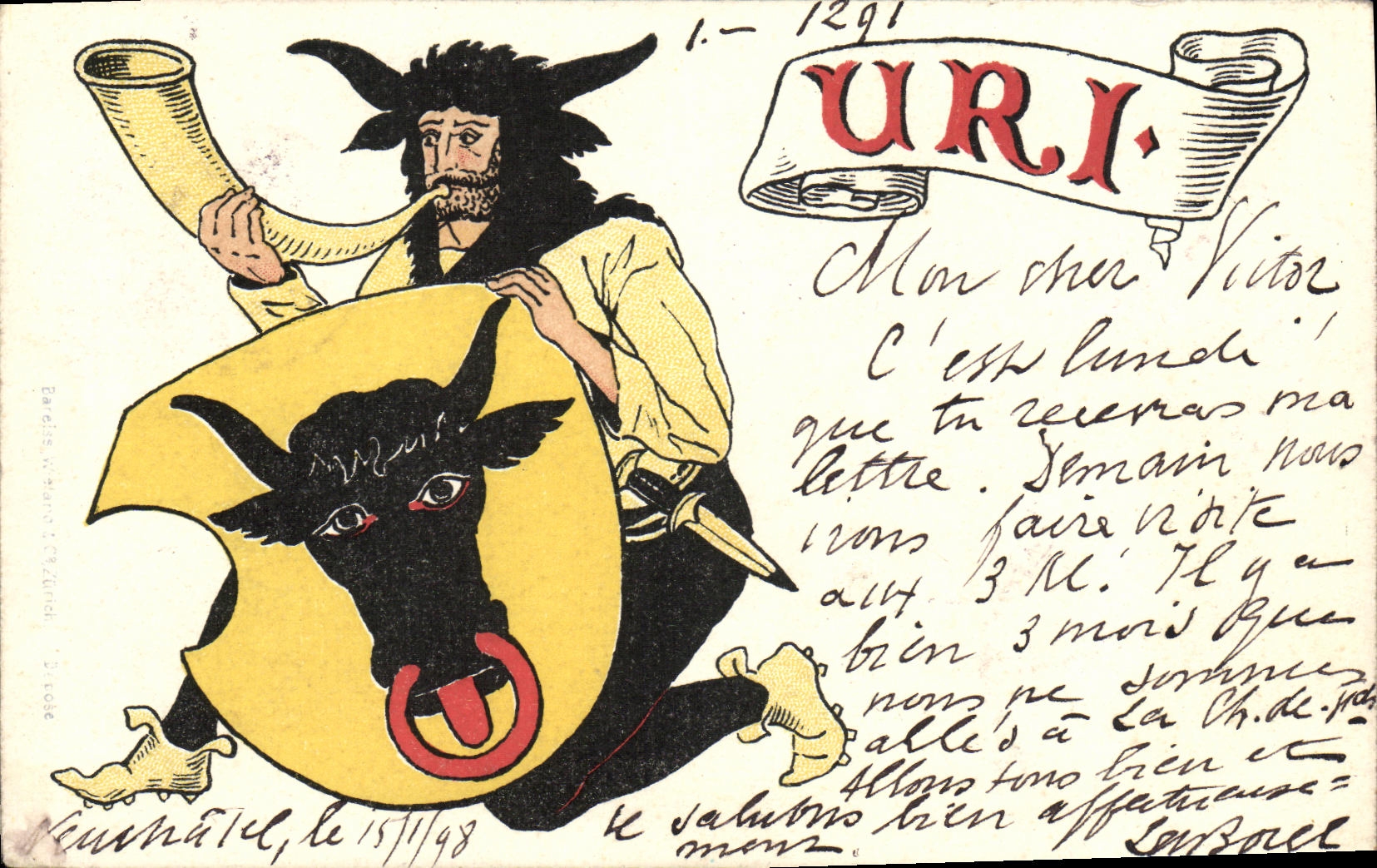 Uri — Guerrier cornu tenant un cor et un bouclier — éditeur: B. Rose, Paris