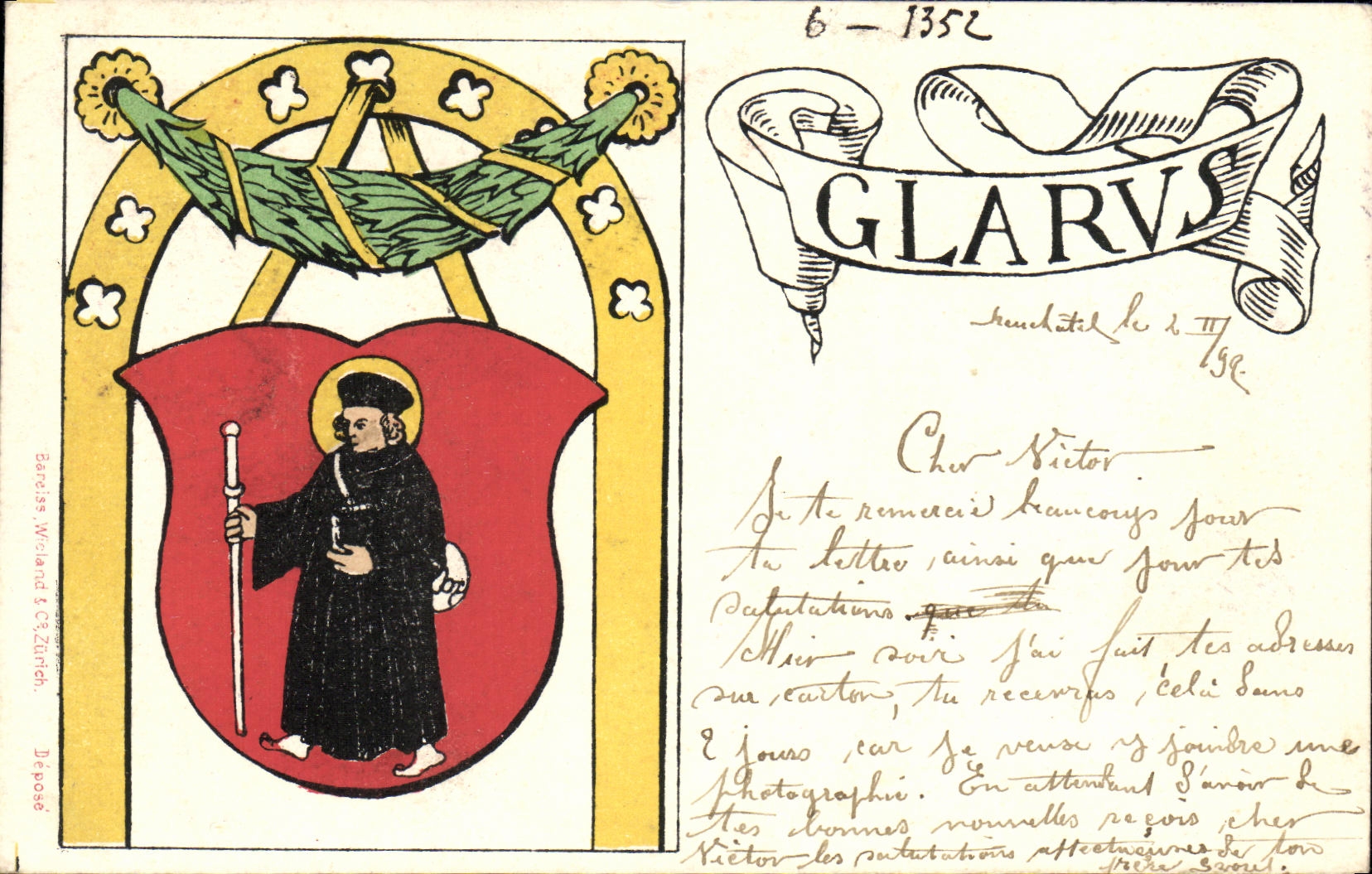 Glarus — Blason avec saint Victor — éditeur Barbier & Cie, n° 6-1352